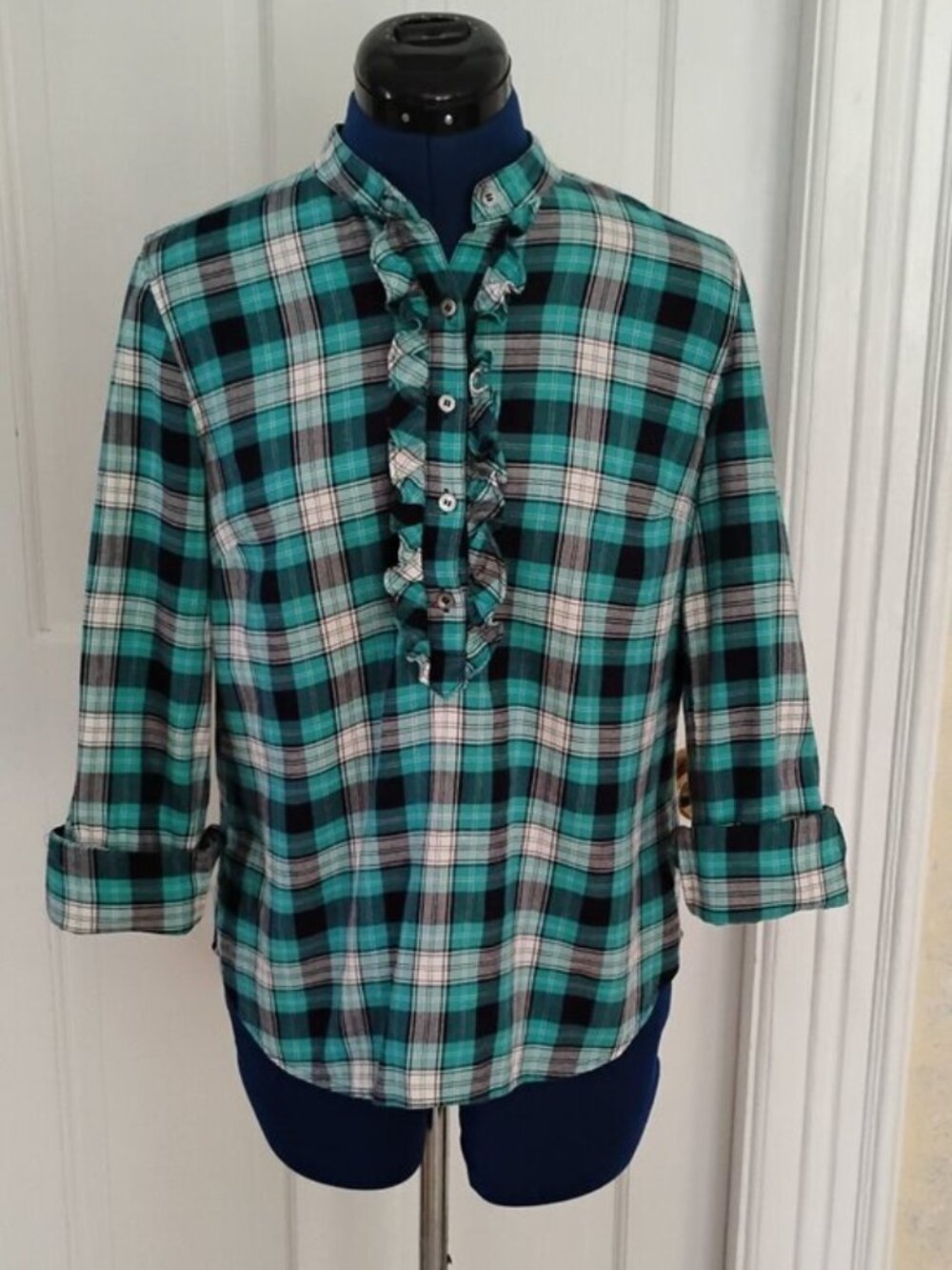 Talbots 100% Cotton Button Down Ruffled Plaid Shirt - Picture 2 of 6